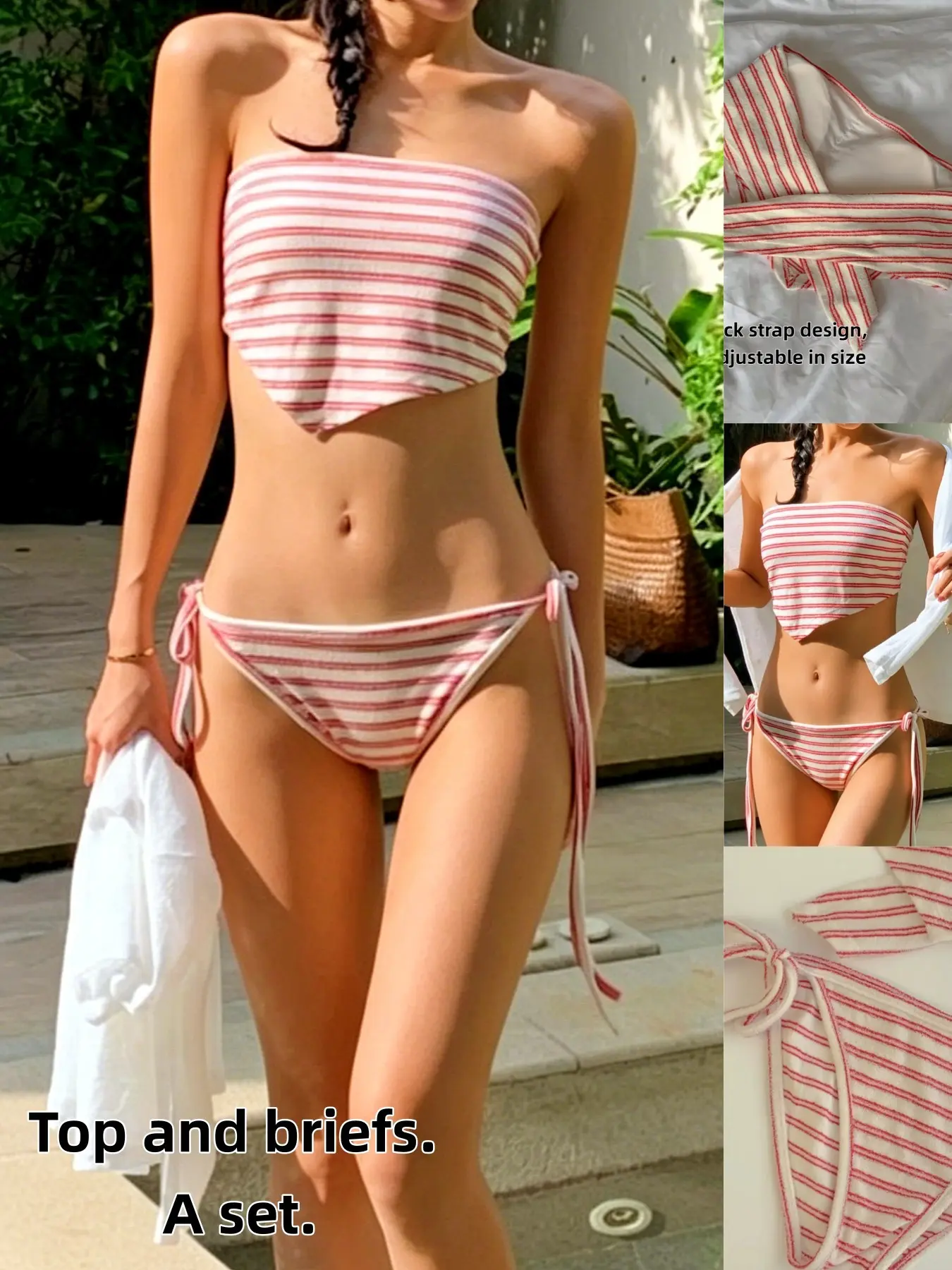 2-Piece Set Striped Bikini, Korean Style Beachwear, Slim-Fitting Colorblock Design, with Pads and Tie-Straps, Summer Swimwear