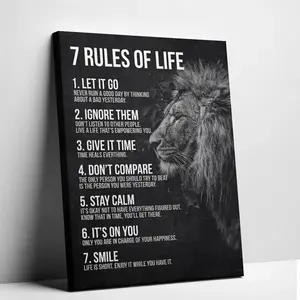 Motivational Lion Canvas Art 7 Rules of Life Poster Unframed Black & White Quotes Wall Decor for Office Gym Mindset