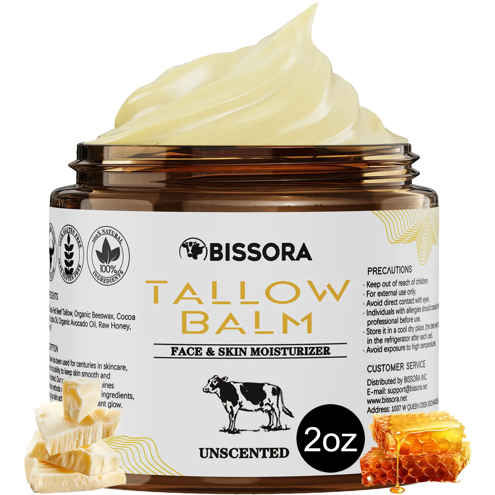 Organic Grass-Fed Tallow Balm with Raw Manuka Honey - Whipped Face & Body Moisturizer, 100% Natural Nourishing Cream for Soft Skin, 2 oz, Body Care, Natural Moisturizing, Grass Fed Body Balm