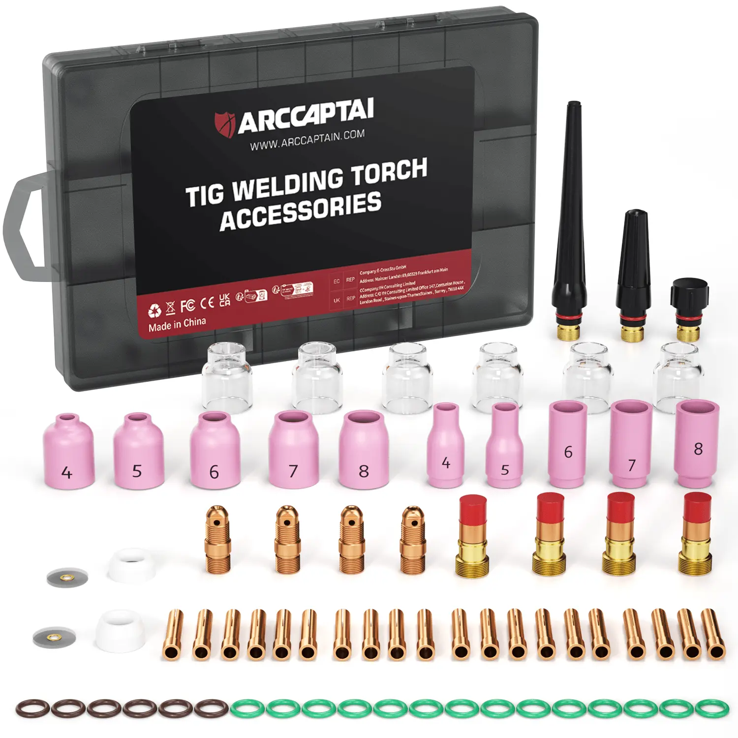 ARCCAPTAIN 71-Piece Black TIG Welding Torch Tools Kit - Compatible with WP-17/WP-18/WP-26, Includes Alumina Nozzles, Collets, Torch Body, Stubby Gas Lens, #12 Glass Cup Consumables, Ideal Father's Day Gift