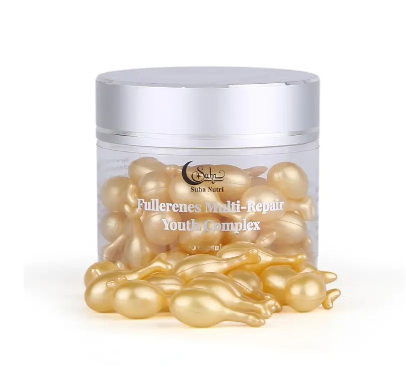 Suha Nutri Vitamin E Facial Serum Capsules - 60 Count, for Adults, with Fullerenes, CoQ10, Squalane, Hydrolyzed Collagen, Lightweight Anti-Oxidants, Contains Neither Parabens Nor Sulfates, Pack, Capsule Format