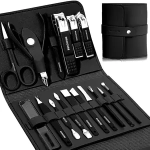 Manicure Set Professional Nail Clippers Pedicure Kit, 16 pcs Stainless Steel Nail Care Tools Grooming Kit with Luxurious Travel Leather Case for Thick Nails Men Women Gift (Black) Ultra-Fine Lightweight Compact