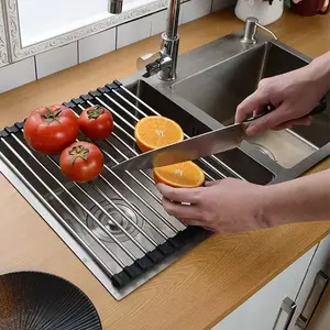 Roll-up Dish Drain Rack Stainless Steel Foldable Above Sink Storage Compact Kitchen Organizer