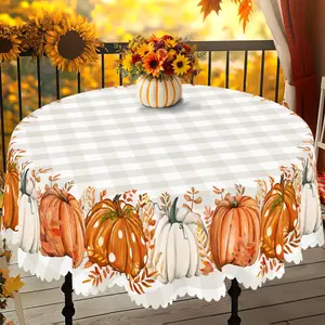 PLUMLIK Autumn Decor Tablecloth with Grey Checkered Pumpkin Patterns, Vintage Fall Rectangular Round Table Cover, Suitable for Thanksgiving Day, Holiday Indoor Outdoor Table Decoration, Farmhouse Home Decor, Fall Kitchen Accessories, Housewarming Gift