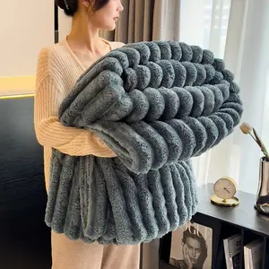 Striped Flannel Blanket, Faux Rabbit Fur, Soft Lightweight Multi-use Blanket, All Season Nap Blanket for Home Camping Travel, Perfect Gift
