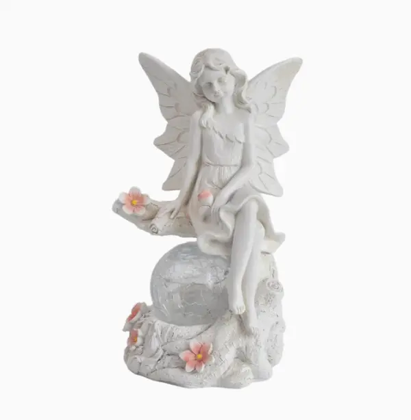 Solar fairy garden light, outdoor LED fairy-shaped ornament paired with a pink cracked glass ball, suitable for terrace, garden, and pathway decoration