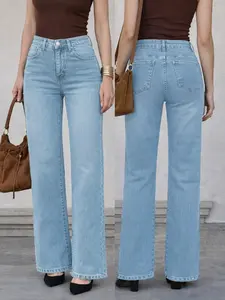 Women's High-Waisted Light Wash Denim Jeans, Casual Comfortable Wide-Leg Pants, Loose-Fitting Plain Style, Pocket, Perfect for Everyday Wear