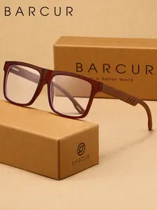 BARCUR Campus Style Comfortable Unisex Blue Light Blocking Glasses, Lightweight Eyeglasses, Square Frame Eyeglasses, PC Lenses, Wooden Temple, Casual Daily Wear, Office Reading Gift