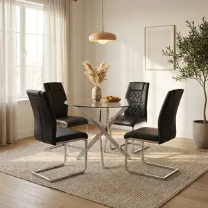 ARCH 35.5" Round Glass Dining Table Set of 4, Silver-Legged Table with Black Chairs, Stylish Dining Room Furniture for Home Kitchen