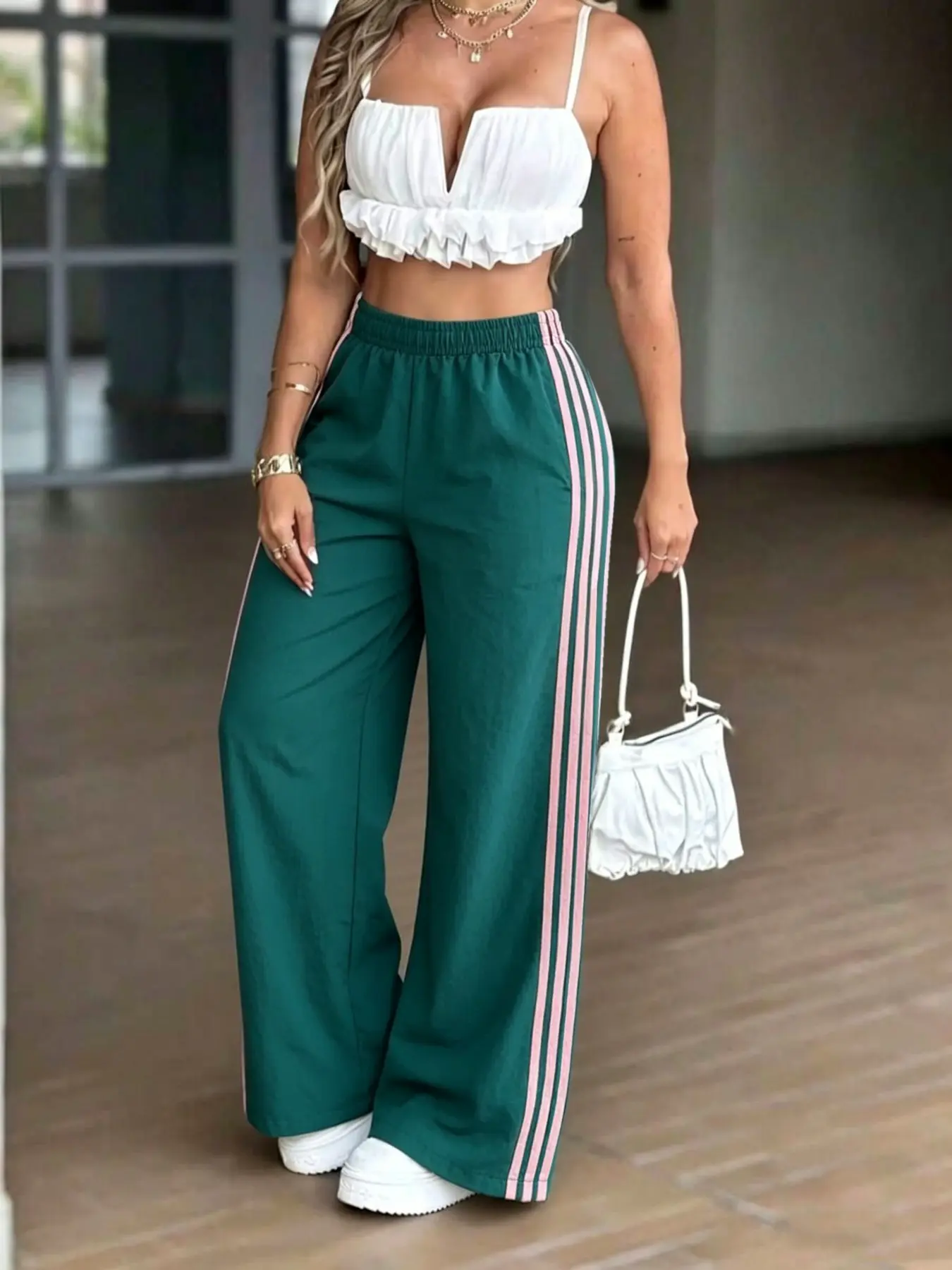 Women's Fashion Side Striped Wide Leg Long Pants Bottom, Casual Palazzo Pants Loose-Fitting Elastic Waist, All Seasons Summer Versatile Trousers