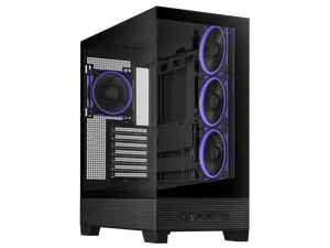 ASUS A31 PLUS Black ATX Case offers a panoramic glass design, supports 360mm radiators and 380mm graphics cards, includes four pre-installed ARGB fans, and offers hidden BTF connectors.