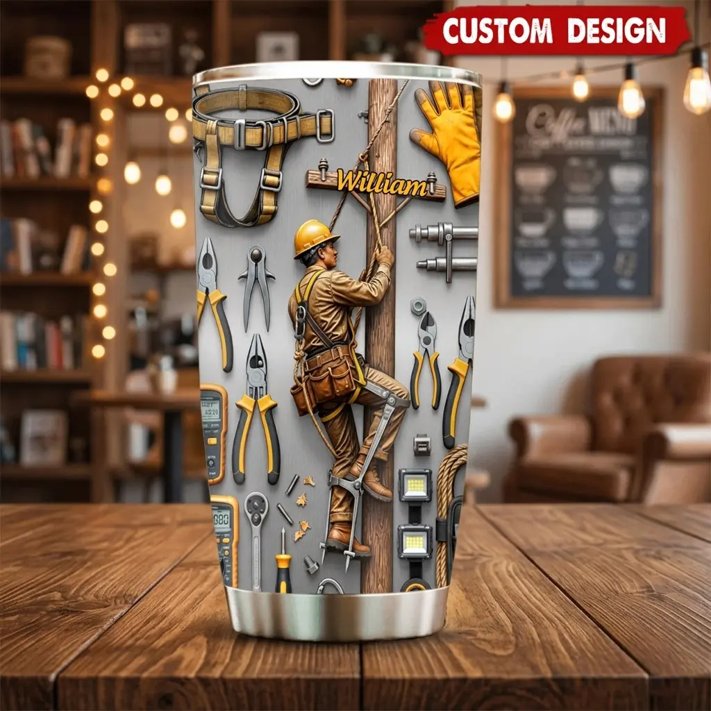 Personalized Lineman Tumbler, 2D Printed 3D Effect Electrician Insulated Cup with Climbing Tools, Custom Name Tumbler for Electrical Workers and Linemen, Durable Work Drinkware, Perfect Birthday Father’s Day Retirement Appreciation Gift