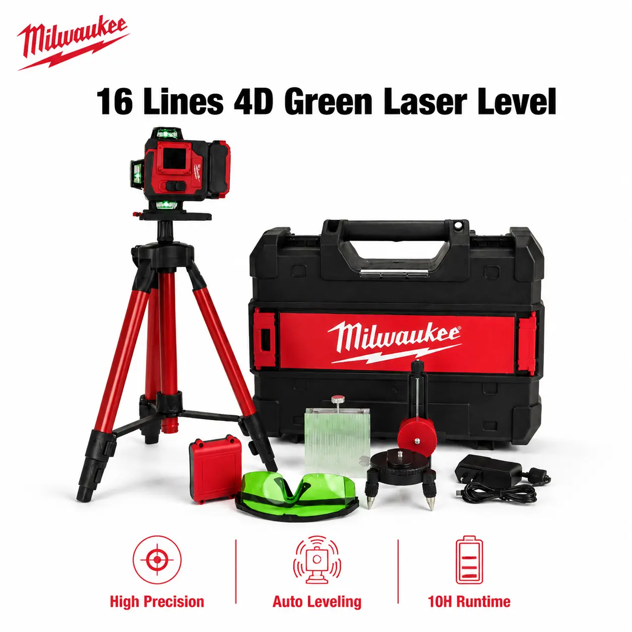 Milwaukee 16 Line 4D Self Leveling Measuring Tool Kit ±0.1mm/10m High Precision For Construction Layout Wall Flooring Leveling Engineering Survey