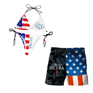 Ultra Beer American Flag Dark Tropical Bikini and Swim Trunks Matching Couple Set, Stars and Stripes Full Print String Halter Top Side Tie Bottom, Quick Dry Lightweight Beach Shorts, 4th of July Summer Pool Party Outfit, Gift for Men Women