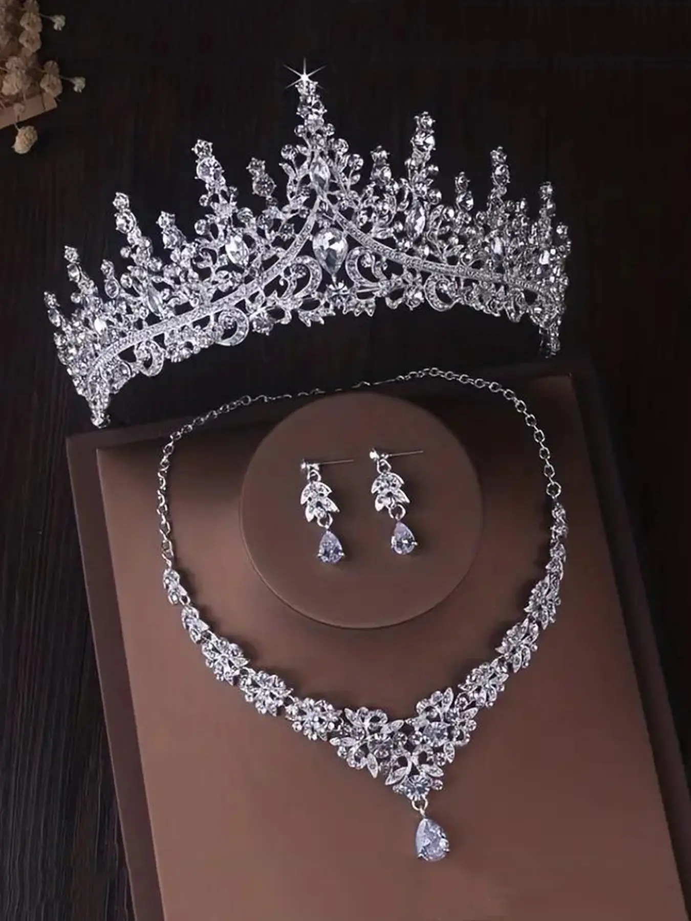 Women Silver Color Bridal Accessories Set, Elegant Matching Jewelry Set, Bridal Jewelry Set For Wedding, Rhinestone Crown Necklace Earrings, Necklaces Earrings Set, Wedding Party Prom Jewelry, All Seasons, Bridal Sets, Wedding Jewelry Sets For Brides