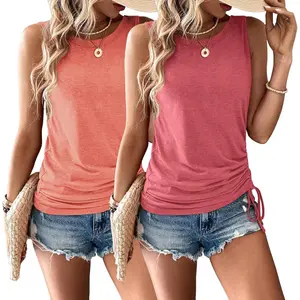 Lady's 2-Piece Minimalist Polyester Fabric Tank Tops, Round Neck, Sleeveless, Adjustable Button Pleated, Cute Loose Comfortable Fit, Fashion Style for Workout & Beach Casual Summer Outfits 2026,summervibes