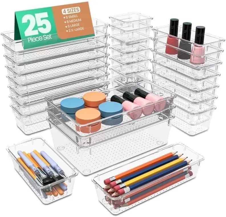 25 Piece Clear Drawer Organizer Set, Multi Size Storage Trays for Bathroom Vanity Makeup Kitchen Utensils Office and Bedroom, Stackable Plastic Drawer Organizers and Desk Caddy Set for Home Organization and Storage