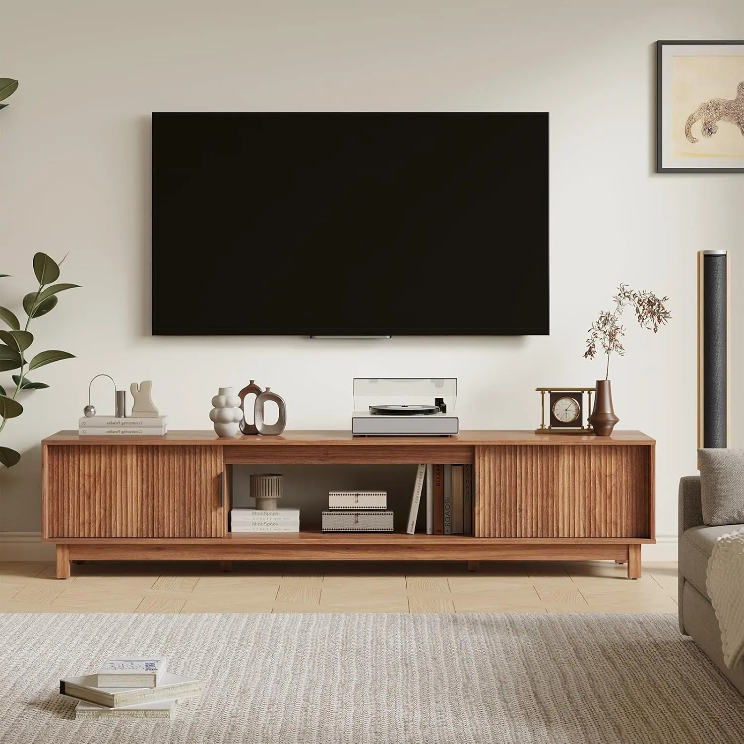 Mid Century Modern TV Stand 58"/70" Wide, Wood Entertainment Center with Storage Cabinets & Cable Management, Media Console for Living Room, Bedroom, Apartment & Office