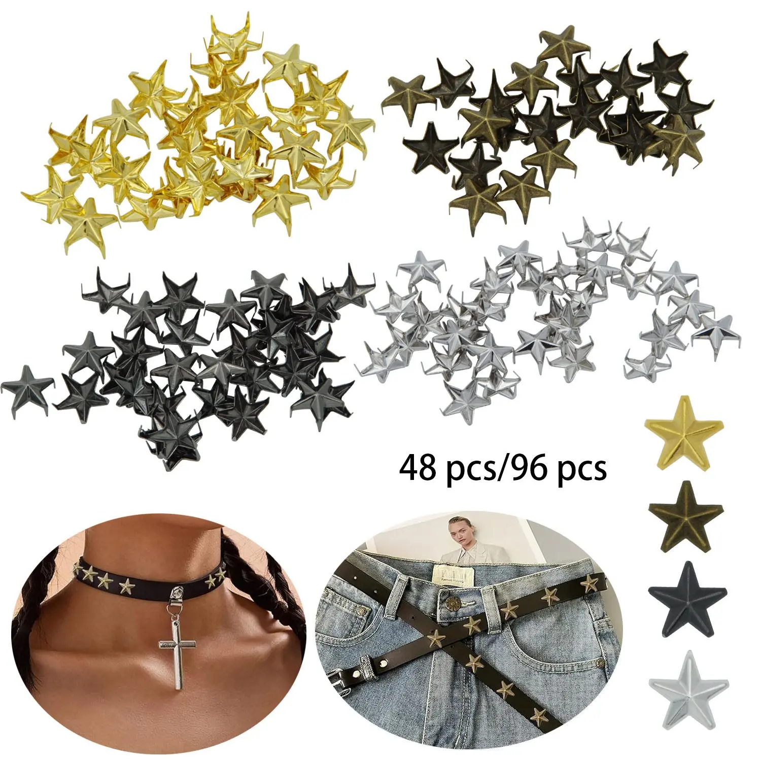 48/96pcs 10mm Star DIY Leathercraft Metal Punk Studs Rivet Spikes Nailheads (Gold/Silver/Gun Black/Bronze)