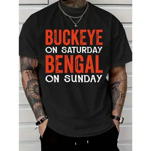 Men's 180gsm Heavyweight Round Neck Shortsleeve Graphic Top - Unisex Buckeye on Saturday Bengal on Sunday Tee with Bold Red & White Lettering, Casual Streetwear Crewneck Menswear Tshirt