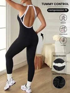Women's Colorblock Backless Sleeveless Spring Summer Knit Yoga Tummy Control Jumpsuit, Workout Jumpsuit, Casual Fashion Sportswear, Home Commute Leisure Wear, Sportswear Jumpsuits