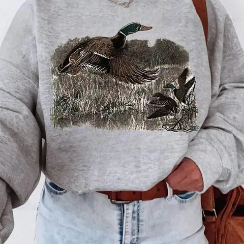 Women's Duck Print Drop Shoulder Loose Baggy Oversized Thermal Lined Sweatshirt, Casual Long Sleeve Round Neck Pullover for Winter, Fashion Women's Top for Daily Wear