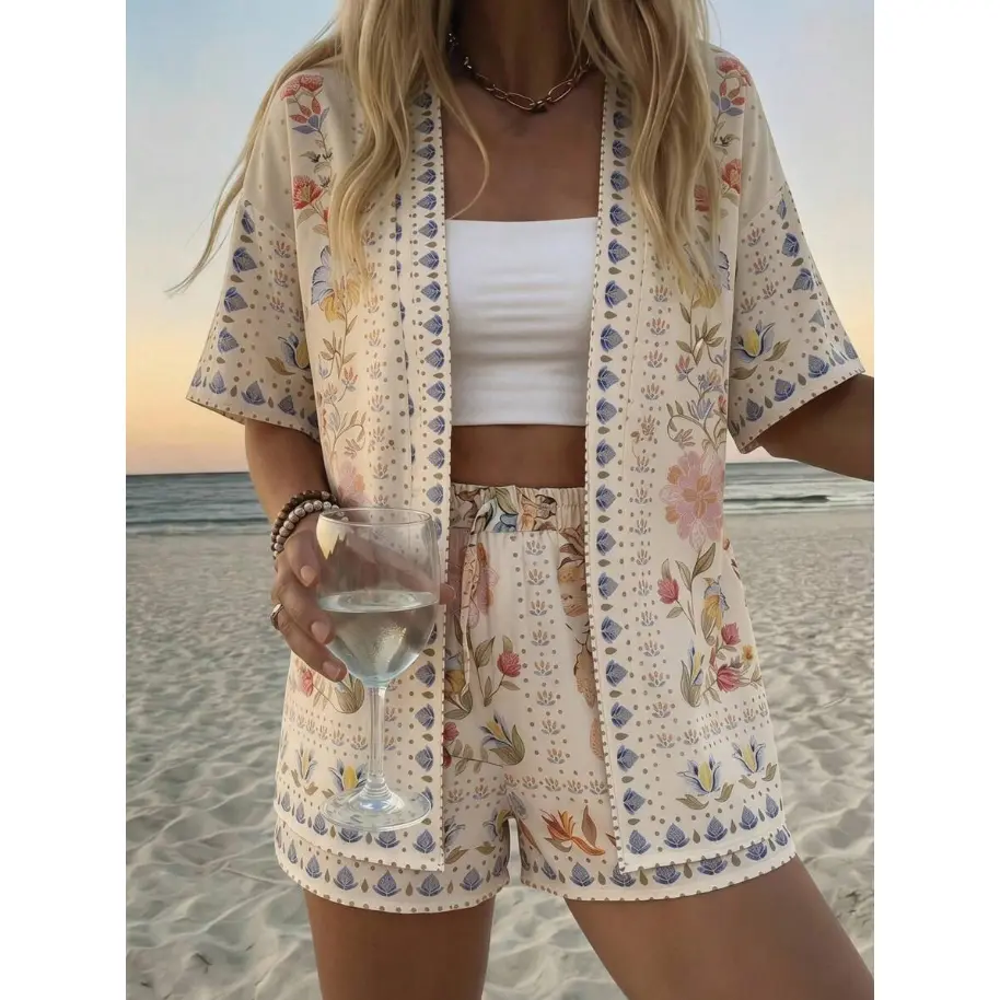 PUBLISH Women's Summer Boho Tropical Floral Print 2 Pieces Set Open Front Kimono Top And Drawstring Shorts Outfits Beige Beach Vacation Holiday Outfits