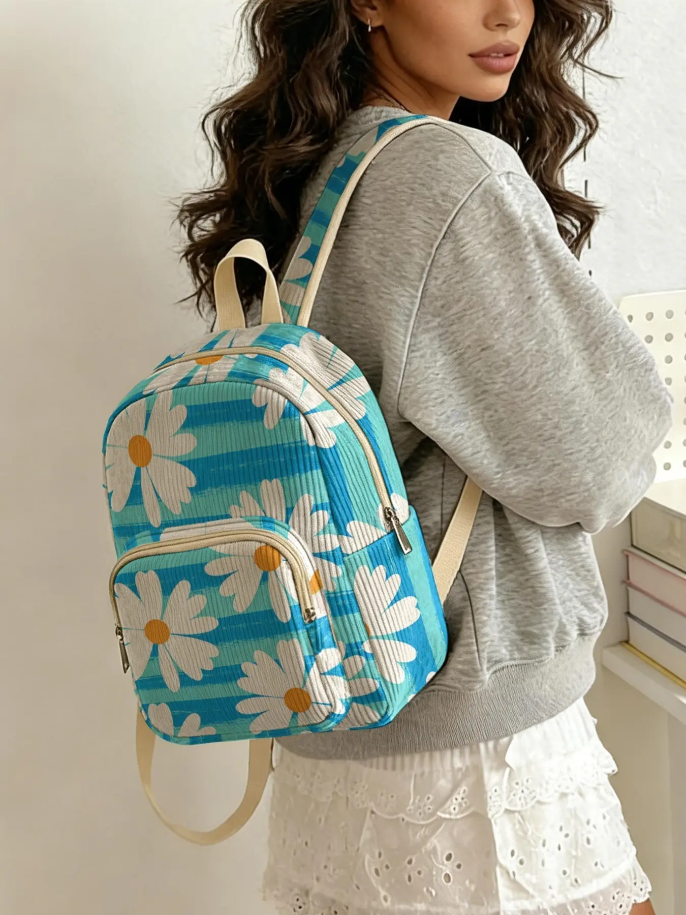 1 piece of blue background daisy pattern 2D printed lady's backpack, Cute backpack, velvet texture + layered storage + light weight reduction, perfect for students going to class/shopping, atmosphere and practicality combined, Backpack for school