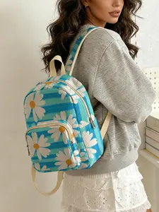 1 piece of blue background daisy pattern 2D printed lady's backpack, Cute backpack, velvet texture + layered storage + light weight reduction, perfect for students going to class/shopping, atmosphere and practicality combined, Backpack for school