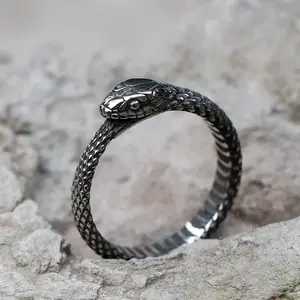 Vintage 316L Stainless Steel Viking Snakehead Amulet Ring (Size 8-12)