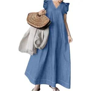 Women's Summer Ruffle Sleeveless Long Denim Dress Casual Loose A-Line V Neck Vacation Jean Maxi Dress with Pockets