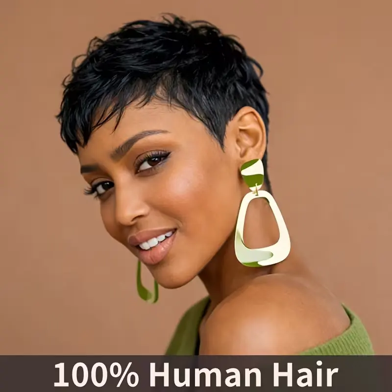 Human Hair Wigs with a Short Layered Cut, Pixie Shape in Natural Black, Lightweight No-Lace Design for Daily Unisex Wear