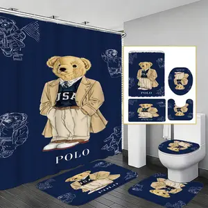 1/4pcs Gentleman Bear Bath Set, Classic College Style Waterproof Shower Curtain & Non-Slip Absorbent Mat, Vintage Bathroom Decor, Bathroom Supplies, Bathroom Decoration Accessories