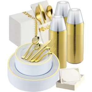 Goodluck 400PCS Elegant Gold Disposable Plastic Dinnerware Set for 40 Guests,Include: 80 Plates, 40 Place Cards, 40 Cups, 80 Spoons, 80 Forks, 40 Knives, 40 Napkins,for Weddings/Parties/Graduation