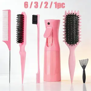 Hair Styling Kit with Rat Tail Comb, Edge Brush, Smoothing Brush, Fine Mist Spray Bottle, Curl Defining Brush and Hair Pick for Slick Back Hair, Flyaway Tamer, Hairline Styling, Ponytail, Bun, Sectioning, Detangling and Daily Hair Care, 1/2/3/6pc