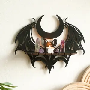 Wall Mounted Bat Design Wall Shelf, Wooden Wall Mounted Display Rack, Gothic Style Home Decor, Halloween Party Decoration, Witchy and Bohemian Display Stand, Wall Mounted Holder