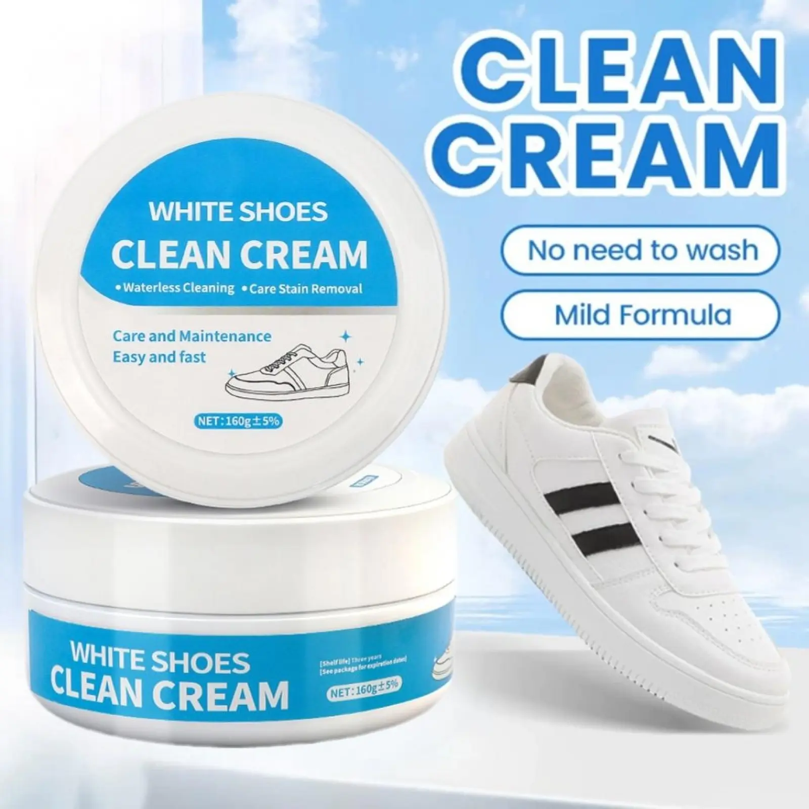 160g Multipurpose No-Wash White Footwear Cleaner Cream with Built-in Sponge, Leather-Safe Clean Formula, Mild Gentle Non-Irritating Eco-Friendly for Leather, Silicon Car Interiors, Shoe Cleaner, Car & Leather Safe