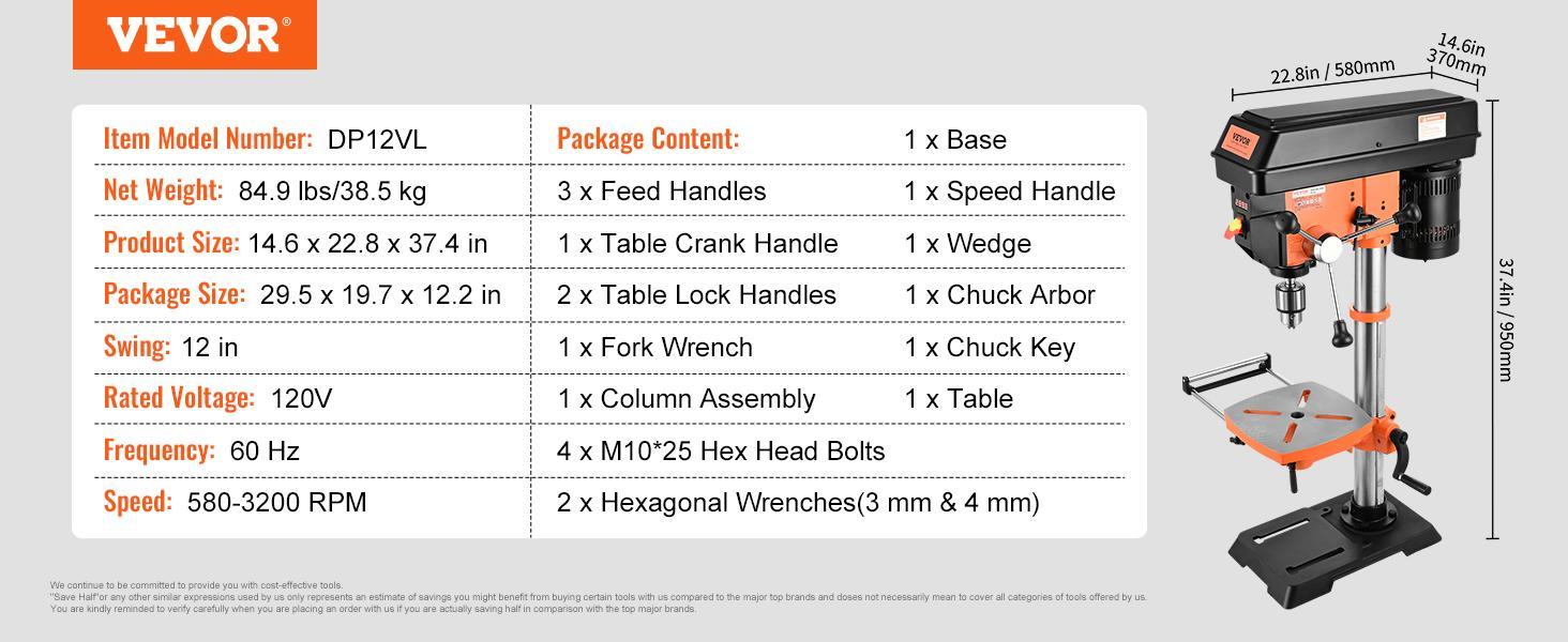 VEVOR 10'' 5-Speed Benchtop Drill Press Cast Iron Drill Press 3.2A 610-2800RPM