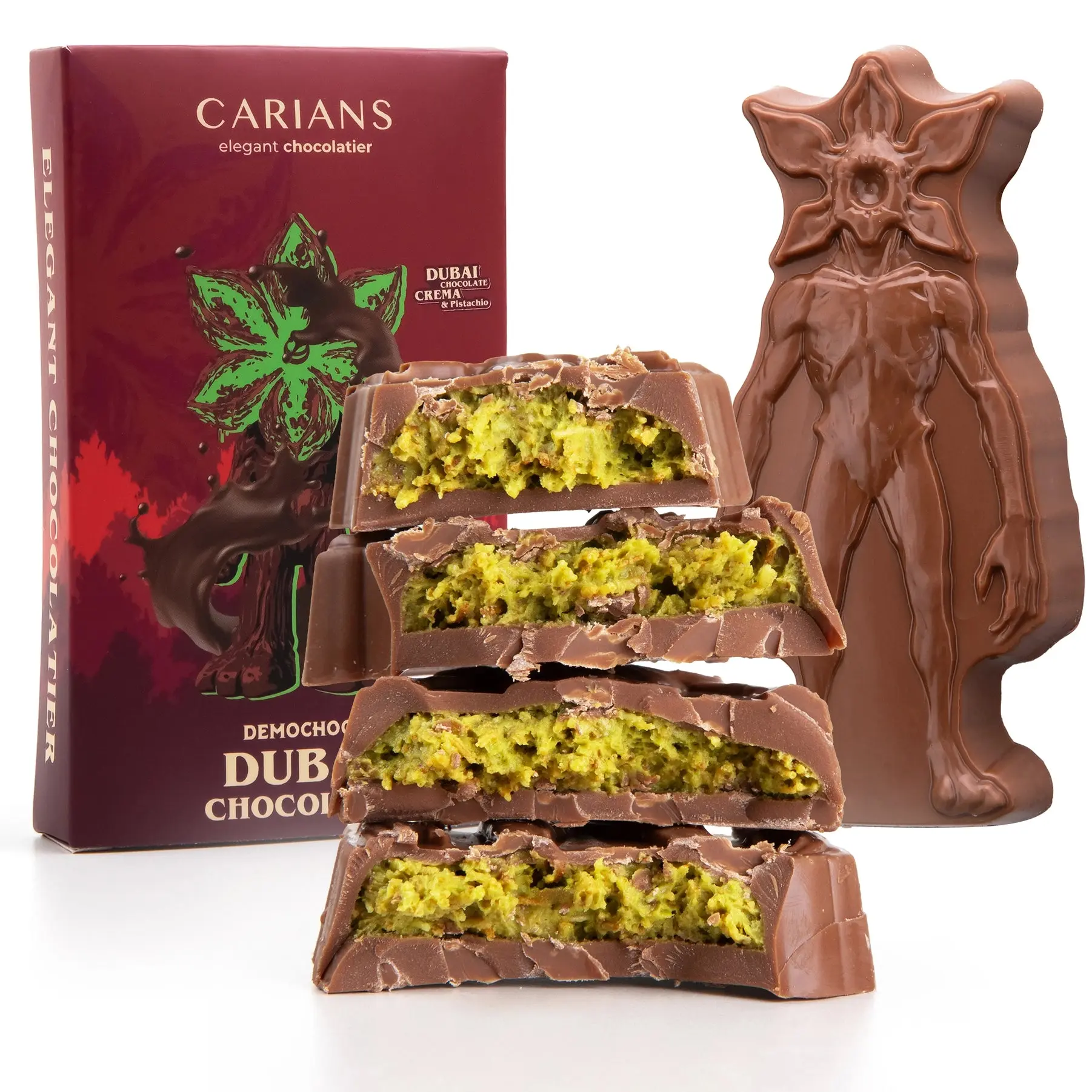 CARIAN'S Demochoco Dubai Chocolate Bar - Magic in Every Bite with Pistachio Cream & Crunchy Filling, Demochoco Shaped Dubai Style Gourmet Chocolate Bar, Premium Gift with Luxury Dubai Flavors for Watch Parties, Ice-Packaging