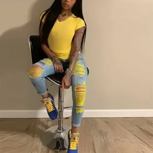 Stretch Color Ripped Denim