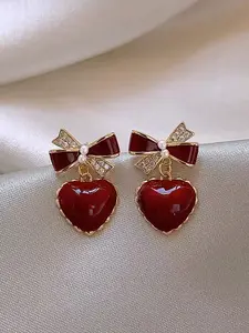 Women's Elegant Bow Heart Rhinestone Earrings, High Quality Earrings, Vintage Style Jewelry for All Seasons, Perfect Gift for Holidays & Anniversaries