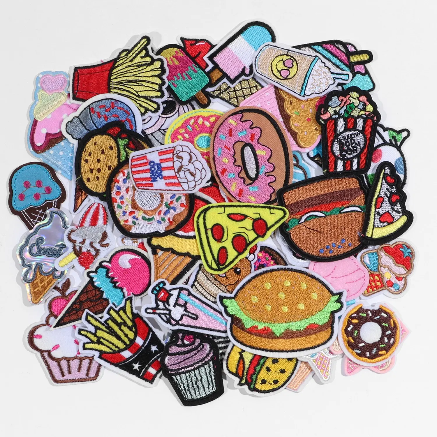 50pcs Random Cake Series Embroidered Patches Embroidery Craft, Sewable Iron-On Self-Adhesive Stickers, DIY Handmade Clothing Accessories Decorations