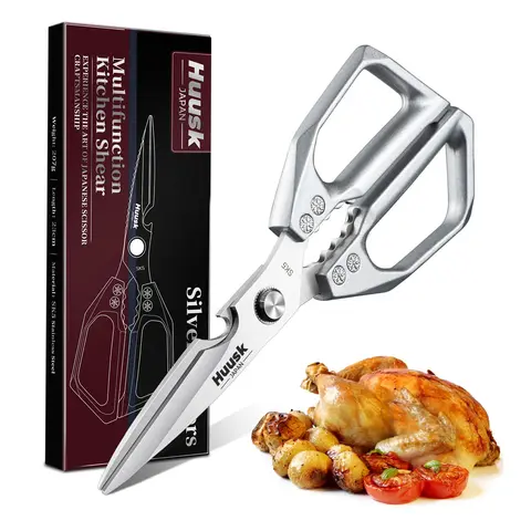 HUUSK Heavy-Duty Cooking Scissors - 2.0mm Stainless Steel Kitchenware Cutter, Modern Ergonomic Arthritis-Easy Grip, Sharp Silver Portable Shears, Dishwasher-Safe, Crumbs-Be-Gone for Meat (Chicken Bones, Pork), Father's Day Gift Option