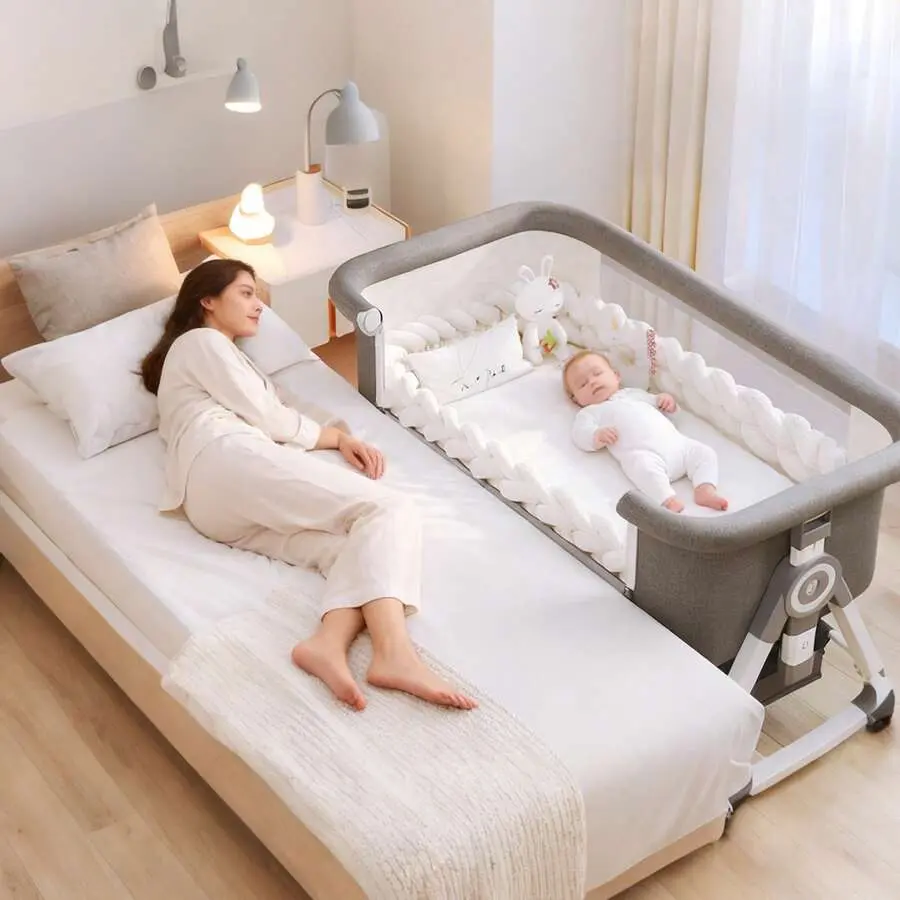 Newborn 5-in-1 Portable Bedside Crib Sleeper - Baby Bassinet Bedside, 6 Adjustable Height Levels, Rocking Mode, Foldable Cot with Wheels, Breathable Mesh, Mattress, Storage Basket, Removable Mosquito Net, 5 - 10 Kg Travel Bassinet for Newborns