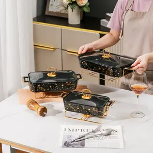 Rectangular Double-Handled Ceramic Casserole with Lid, High-Temperature Starry Design, Three Sizes Available for Home Dining, Suitable for Candle Heat, Includes Creative Pot Stand for Family Gatherings and Parties