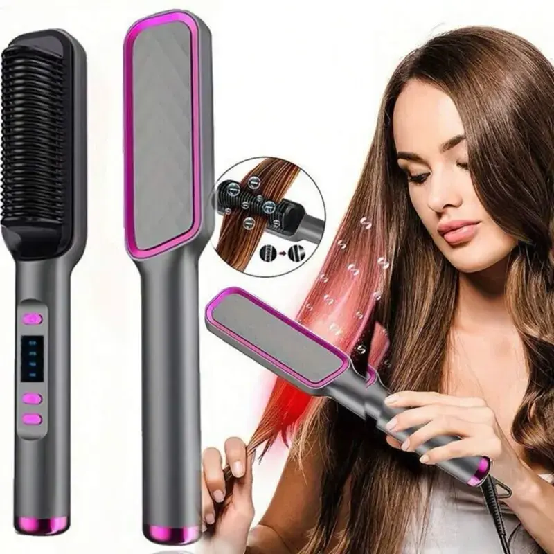 Hair Straightener Comb, Heated Ceramic Brush Hot Comb with Adjustable Temperature Control, Fast Heating Anti-Frizz Anti-Scald Electric Hair Straightening Brush for Smooth Shiny Hair