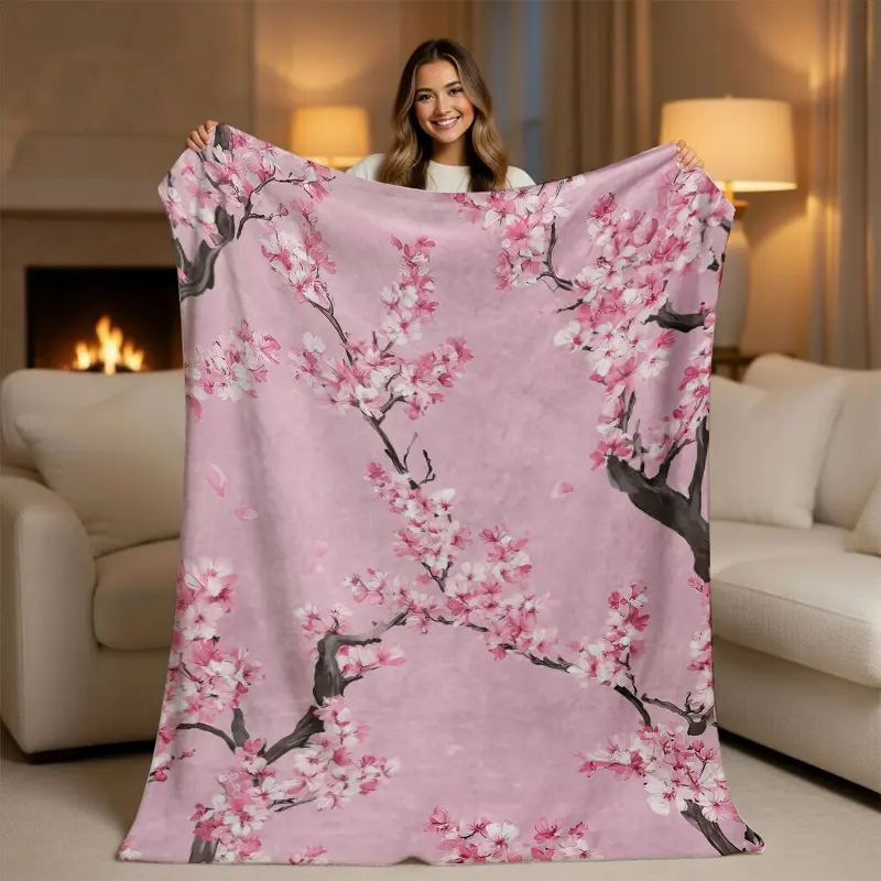 Aesthetic Cherry Blossom Pink Throw Blanket - Ultra Soft Plush Fleece Flower Blanket - Cute Pink Asian Style Room Decor - Ideal Gift for Women, Flower Blankets