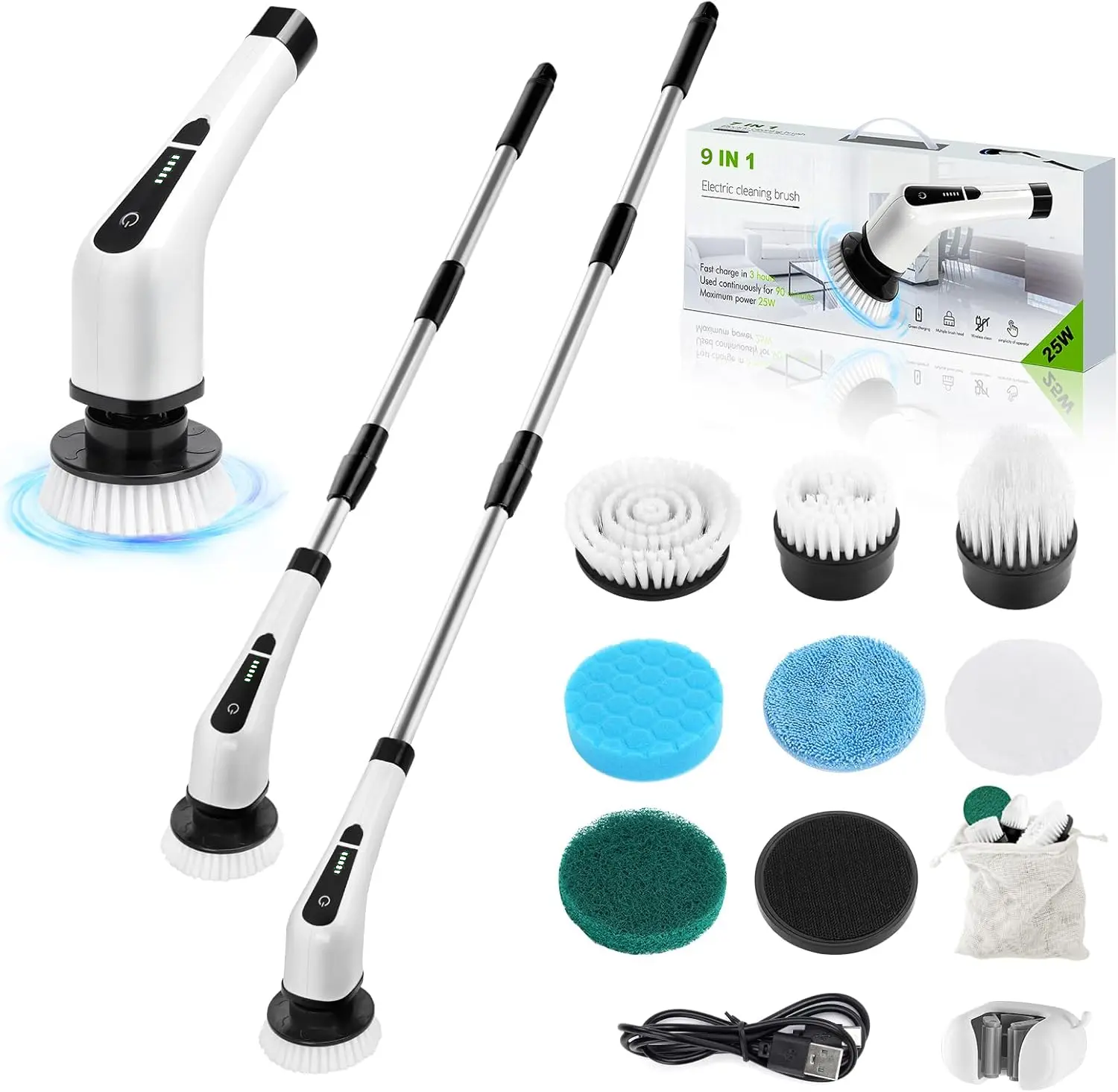 Electric Spin Scrubber Cordless, Power Scrubber for Bathroom Cleaning, Shower Scrubber with Extendable Handle, 9 Replaceable Brush Heads, 5 Speed IPX7 Waterproof Electric Cleaning Brush for Tile, Tub, Grout, Floor, Toilet, Kitchen, Sink & Wall
