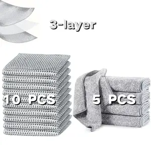 15 Pack Kitchen Towels and Dishcloths Sets, 5 Pack Soft Super Absorbent Quick Drying Dish Towels & 10 Pack Triple-Layer Wire Dishwashing Rag for Kitchen, Washing Dishes