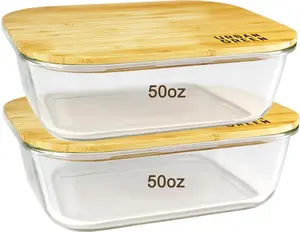 Urban Green Glass Container with Bamboo Lid, 2 Pack of 50oz, Large Glass food storage Container with Lids, Meal Prep Containers Set of 2